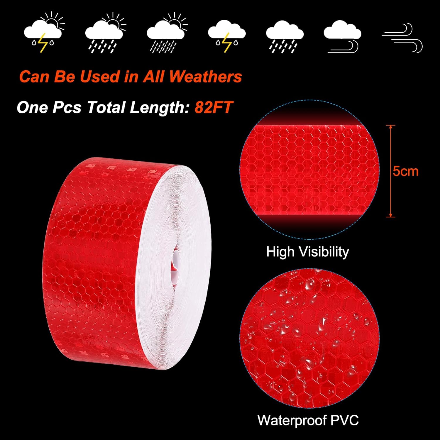 PATIKIL 2 Inch x 82 ft Reflective Tape, 1 Roll Waterproof Self Adhesive High Visibility Caution Warning Safety Tape Reflector with Scraper for Trucks Trailers Cars, Red