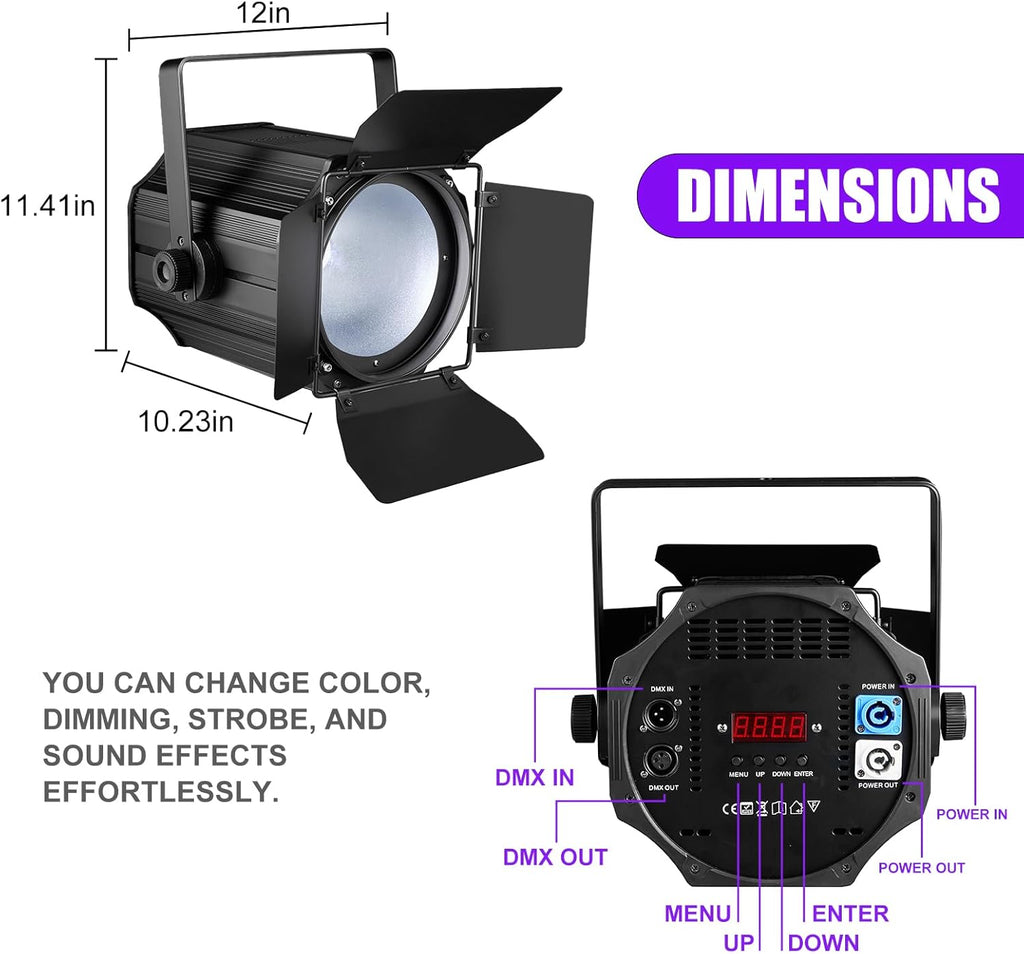 COB Stage Lights with Barn Doors, COB Par Light 200W LED RGBWAUV DMX512 Master-Slave Sound DJ Lighting Spotlight Fresnel for Church Concert Wedding (6-Colors Style, 2)