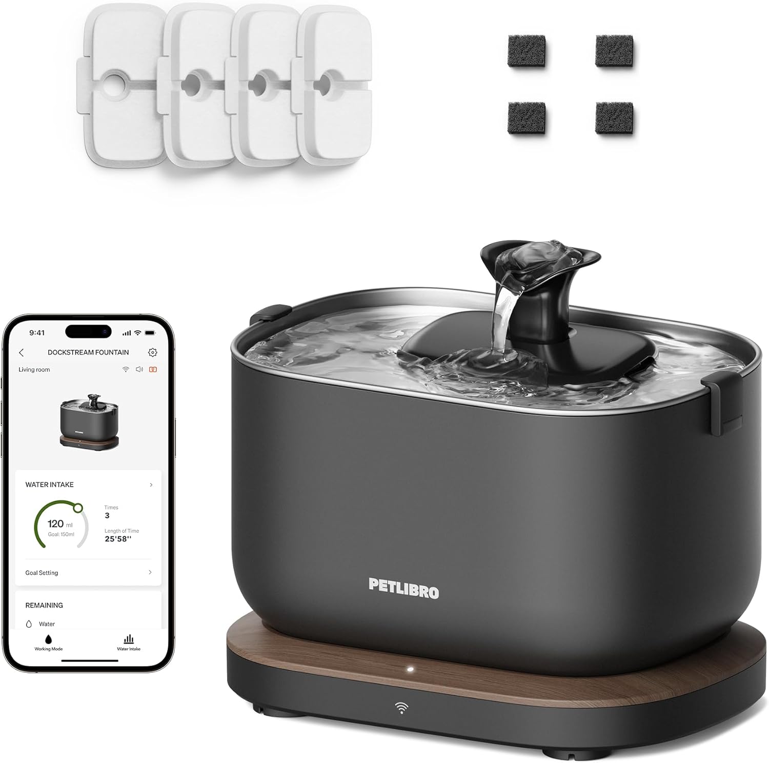 Bundle of PETLIBRO App Monitoring Cat Water Fountain with Wireless Pump + 4 Packs Genuine Replacement Filters, 2.5L/84oz Dockstream Pet Water Fountain for Cats Inside, Auto Cat Water Dispenser Dog