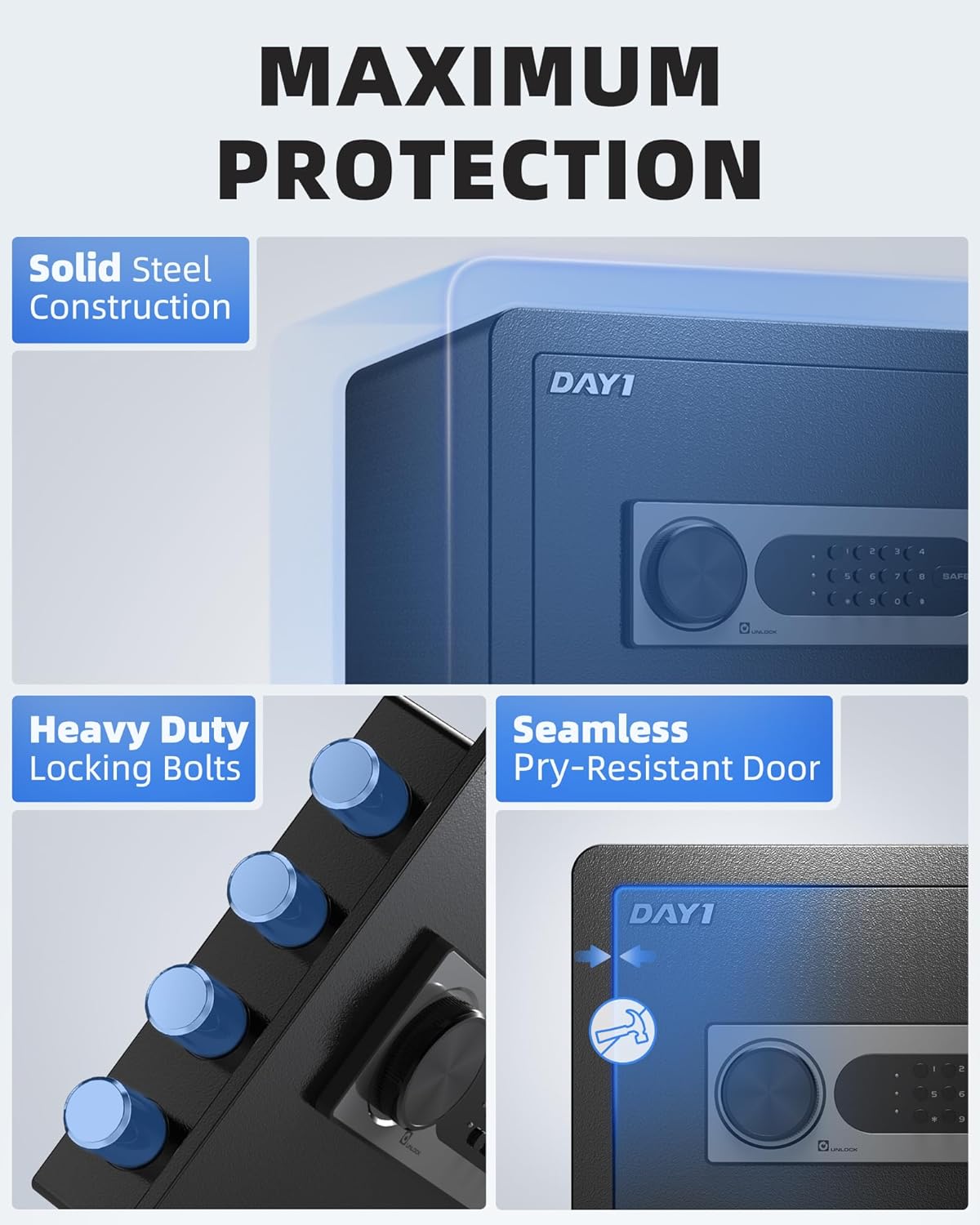 DAYI Safe Box, 1.4 Cubic Feet Home Safe with Fireproof Waterproof Bag, Security Safe Box for Money Cash Valuables, Digital Electronic Keypad, Dual Alarm System, Removable Shelf - D-35