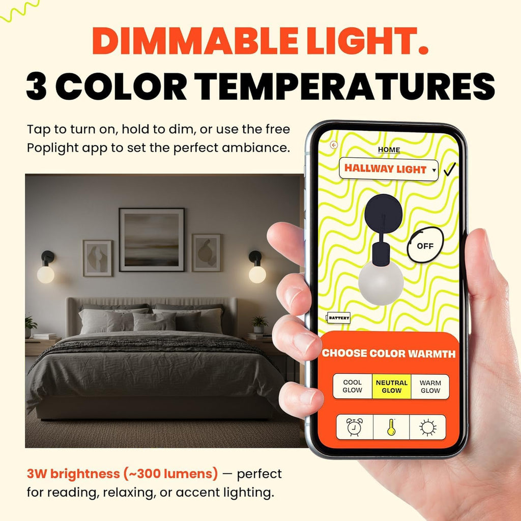 Wireless Wall Sconce (Shark Tank) Rechargeable & Dimmable LED Light w/App Control & Damage-Free Install, Moveable Modern Ambient Lighting for Elegant Home & Bedroom Decor | Matte Black