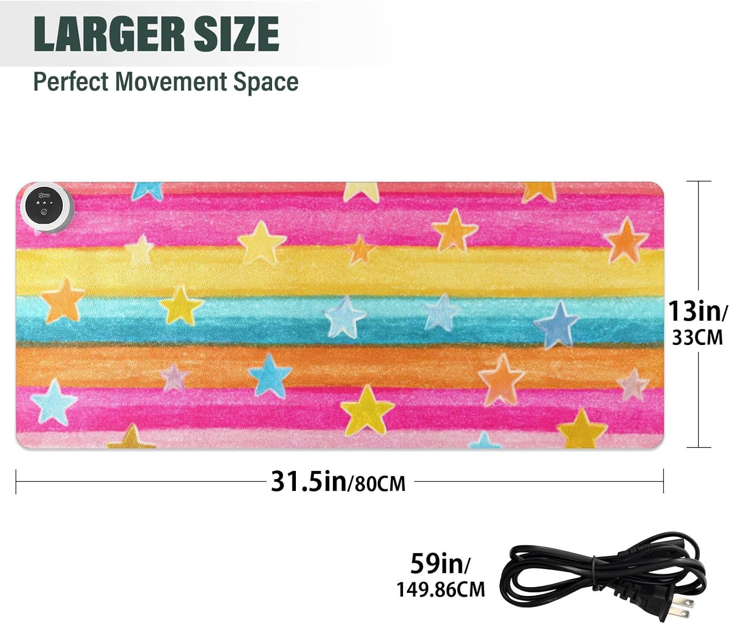 Heated Desk Pad Mouse Pad 31.5x13 Inch PU Leather Desk Mat with 3 Heat Levels Large Mouse Gaming Computer Laptop Mat Bright Rainbow Striped Stars
