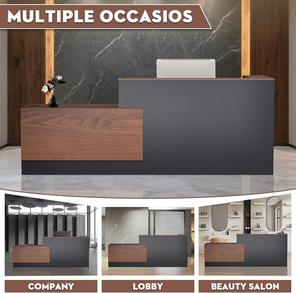 L-Shaped Modern Reception Desk with Counter & Storage - 84" Large Office Front Desk, Salon Checkout Counter with Lockable Cabinets, Shelves (Brown & Black, Right - 84''L x 34''W x 41''H)