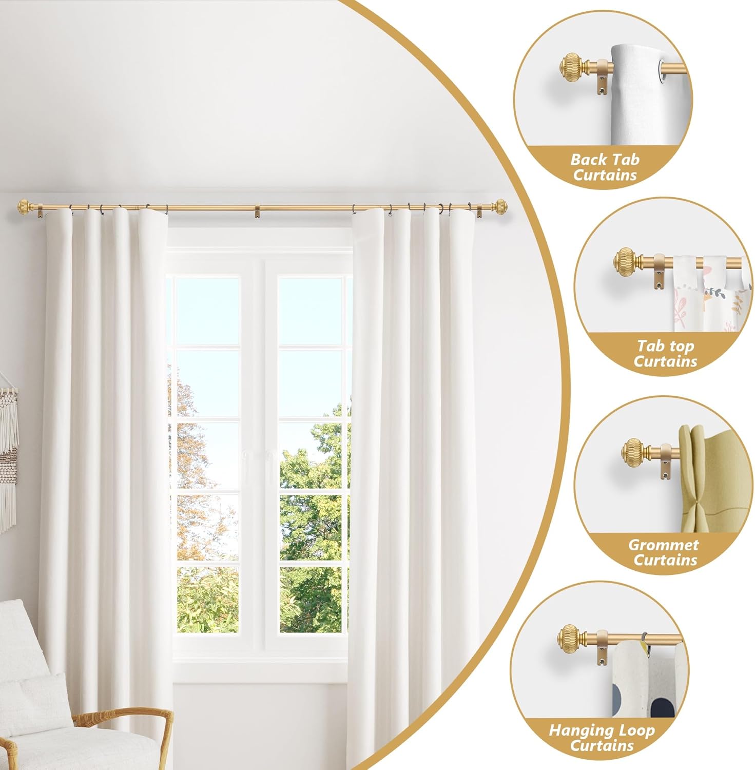 Gold Curtain Rods for Windows 28 to 48 Inches 6/8 Inch Adjustable Heavy Duty Curtain Rods with Lantern Ball Finials,Window Treatment Single Curtain Rod Set