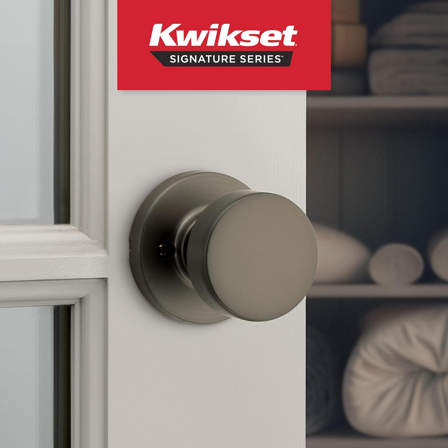 Kwikset Pismo Round Dummy Door Knob, Single Sided Handle for Closets, French Double Doors, and Pantry, Gunmetal Non-Turning Interior Push/Pull Door Knob