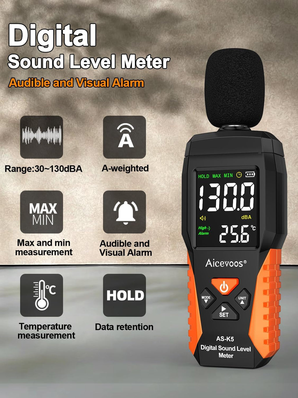 Decibel Meter Portable Sound Level Meter dB Meter decibel sound Meter Measuring 30~130 dB, Audible and Visual Alarms, MAX/MIN Noise Measurement