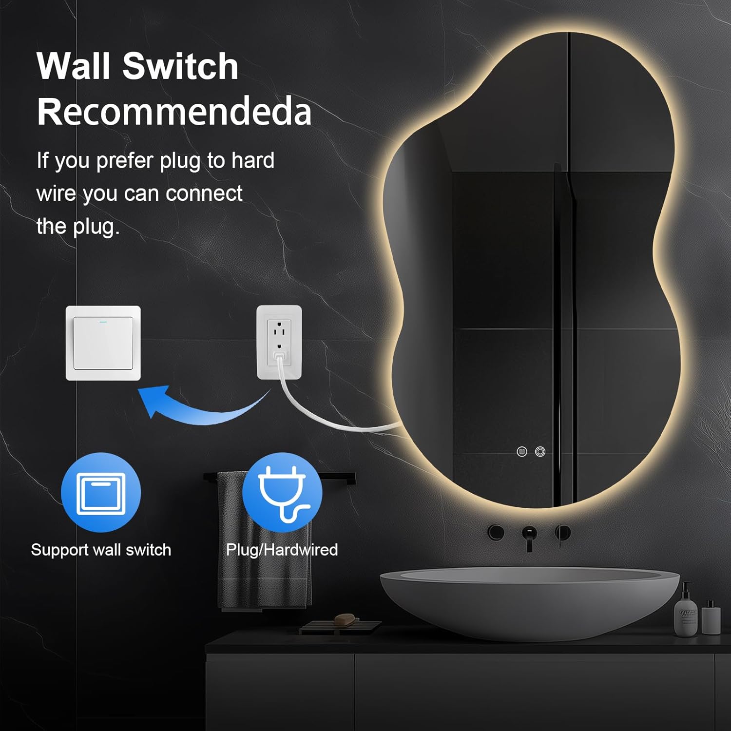 Asymmetrical Lighted Mirror for Bathroom,Modern LED Vanity Mirror with Backlit,Fog-Free,Tri-Color Dimmable Lighting with Memory Function,Hardwire Ready [Horizontal/Vertical] 48" H x 30" W