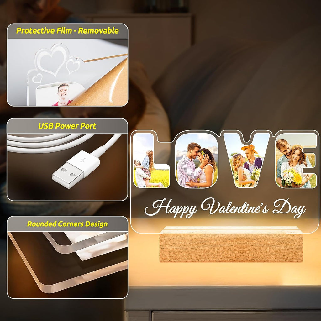 Custom Picture Frames with Photo, Personalized Photo Frame with Night Light, Customized Couples Gifts, Personalized Anniversary Valentines Day Gifts for Women Men Her Him Girlfriend Boyfriend