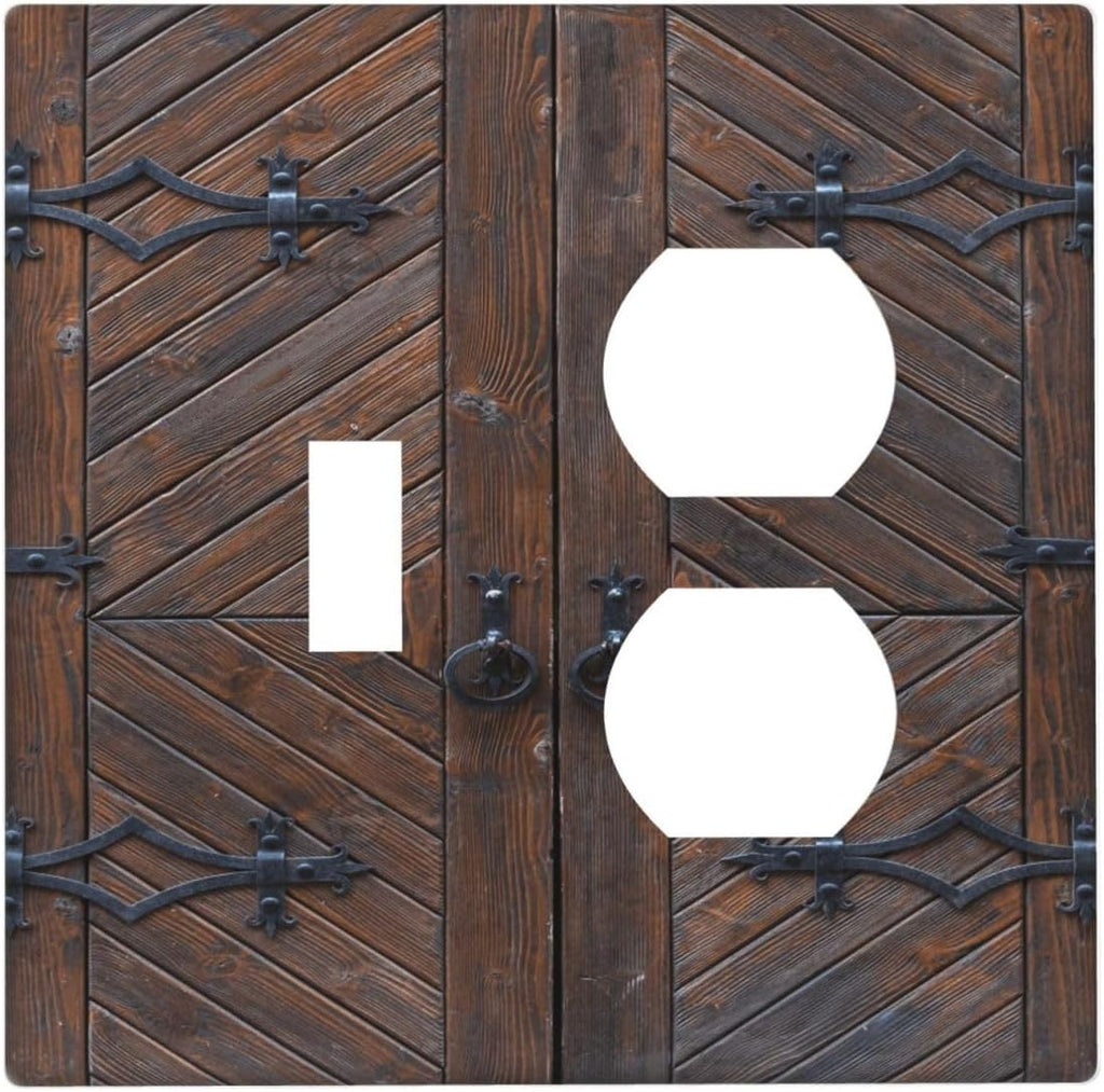 Decorative Outlet Covers Vintage Brown Wood Barn Door 2 Gang Wall Plate Single Toggle Duplex Light Switch Cover Switch Plate Covers for Farmhouse Bedroom Home Decor