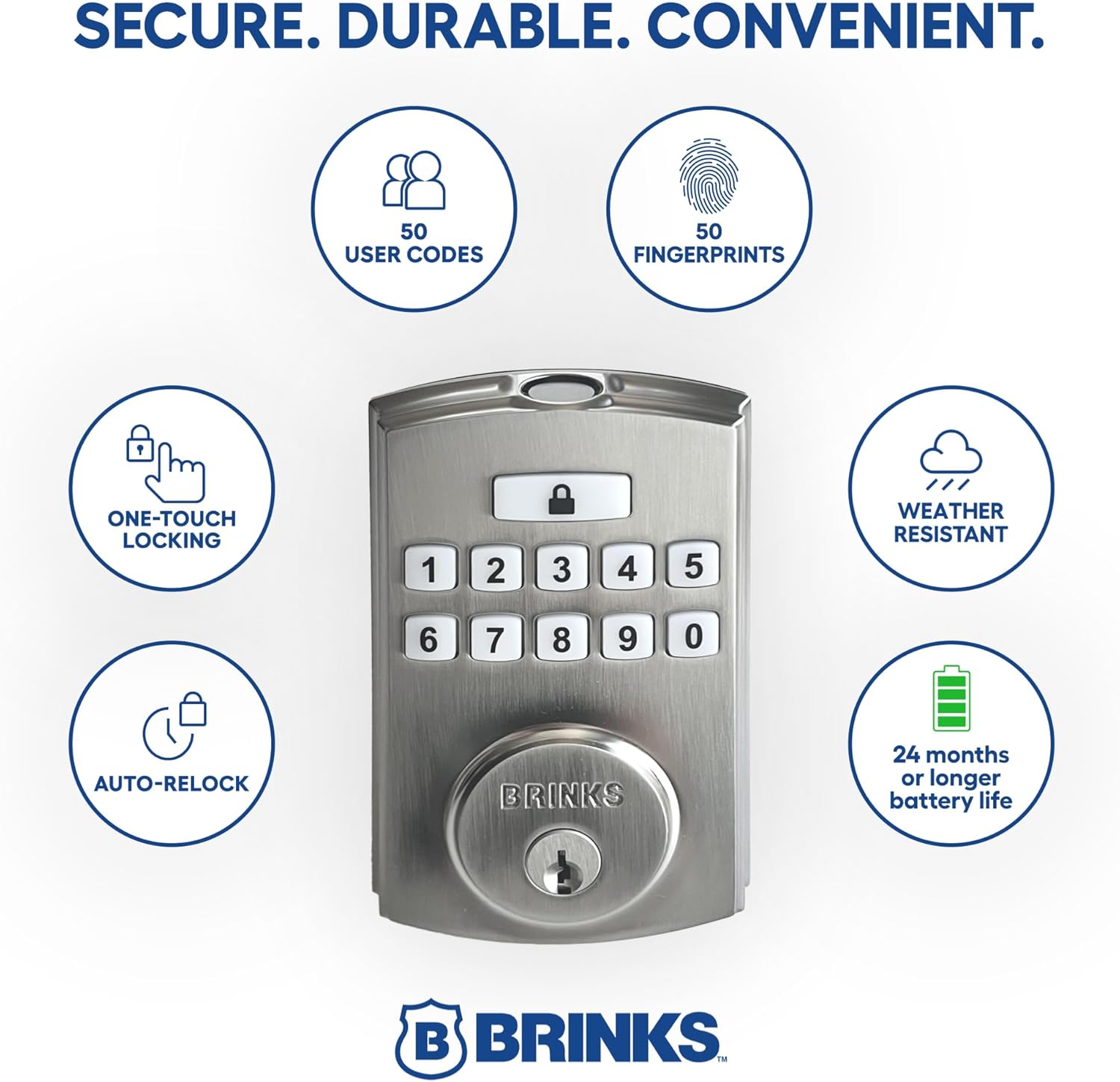 BRINKS Security Door Locks, High-Security Keyless Entry, Smart Electronic Door Lock with Deadbolt, Up to 50 Codes, Automatic Locking (Deadbolt & Passage Lever, Satin Nickel)