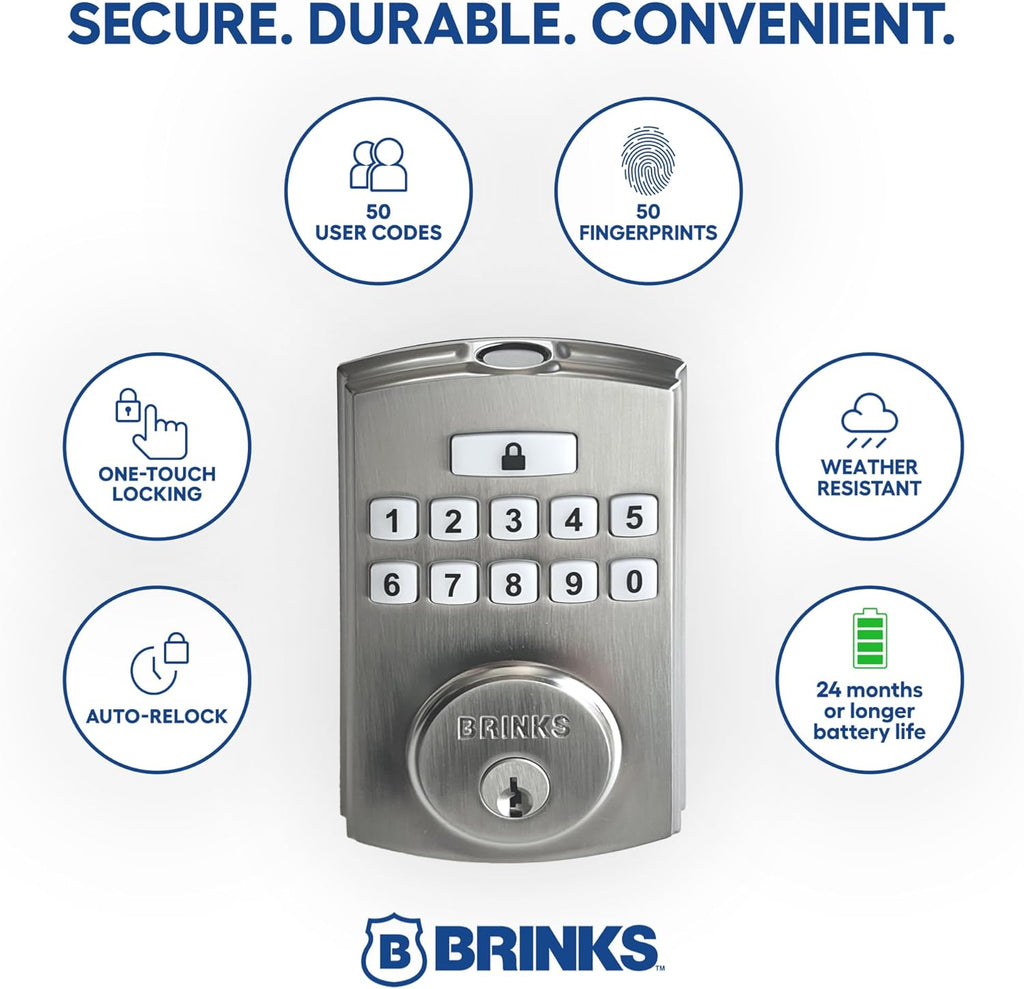 BRINKS Security Door Locks, High-Security Keyless Entry, Smart Electronic Door Lock with Deadbolt, Up to 50 Codes, Automatic Locking (Deadbolt, Satin Nickel)