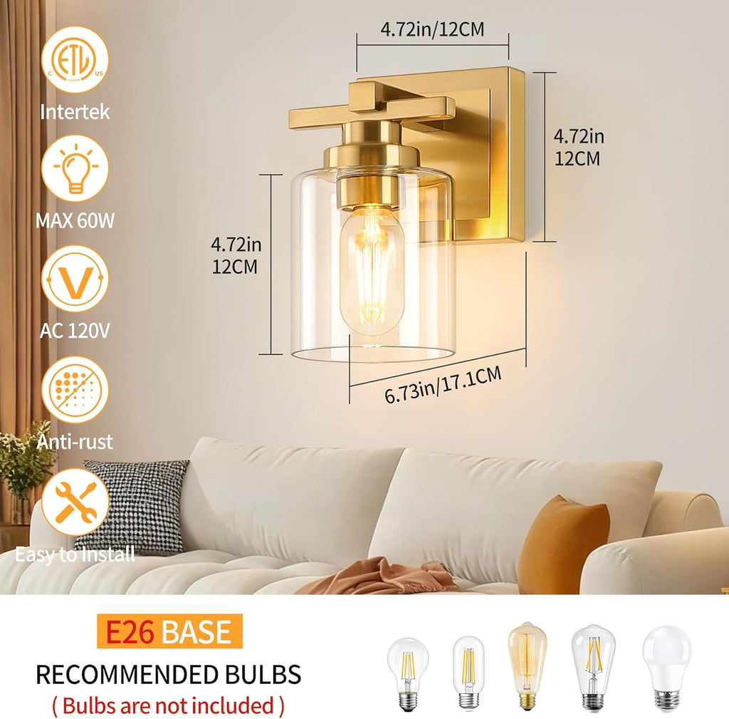 1 Light Modern Bathroom Light Fixtures Over Mirror, Brass Finish Vanity Lights for Bathroom Wall Sconces with Clear Glass Shades, E26 Socket (Bulbs Not Included)