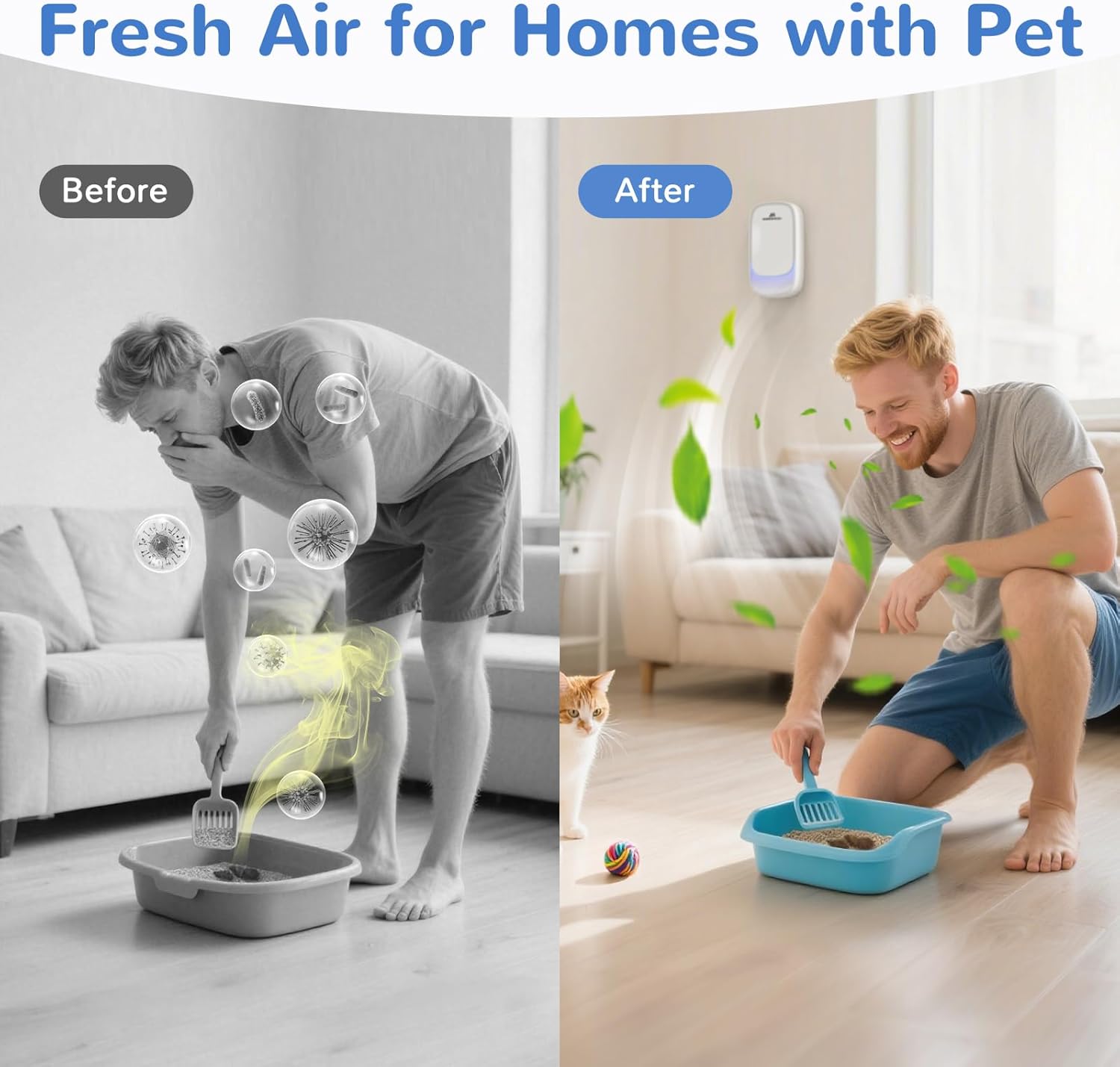 Cat Litter Deodorizer – 99% Odor Eliminator for Strong Pet Odors, Plug In Negative Ion Air Purifier for Litter Box, Home, Kitchen, Bathroom, Ozone-Free & Quiet Portable (Unscented)