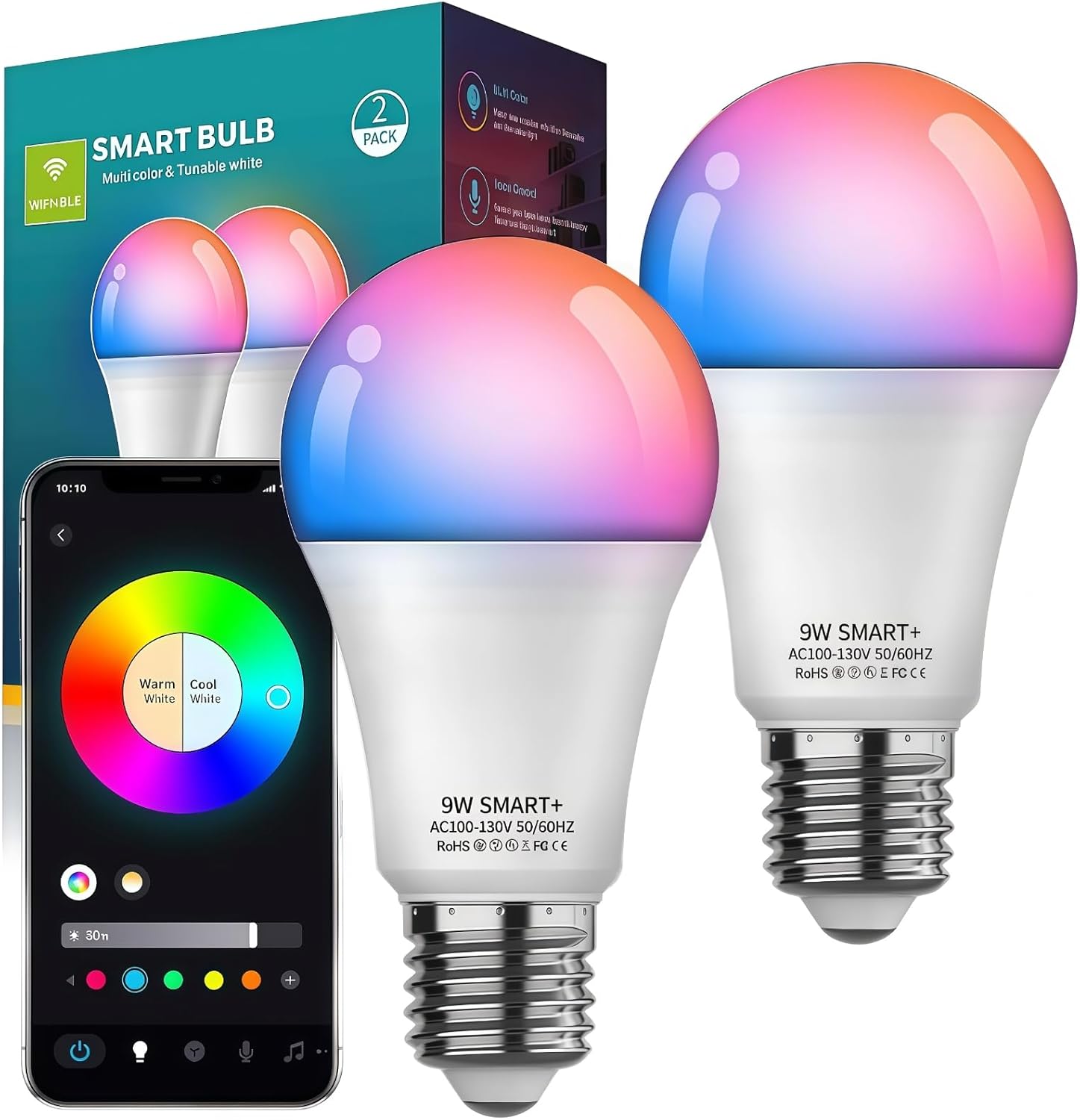Smart Light Bulbs 2Pack, Color Changing Light Bulb Works w/Alexa Google Home, 9W A19 E26 800LM RGBTW Colored LED Bulbs, 50+ DIY Scenes, Music Sync, App & Voice Control WiFi Light Bulbs
