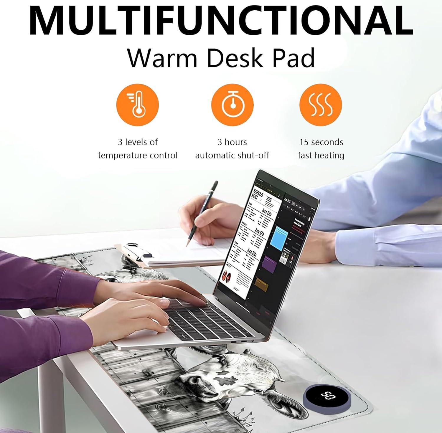 Heated Mouse Pad with 3 Levels Heated & 3 Hours Auto Shut-Off Mouse Pad for Warming Hands in Office Home, 31.5" x 13"Large Safe Desk Mat Hand Warmer，Three Lovely Cows