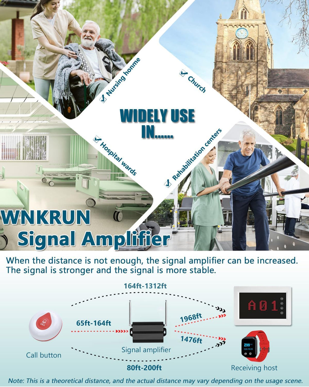 Wireless Calling System Caregiver Pager System 1200+ ft with 1 Display Receiver/Wireless Remote Control /10 Waterproof Call Buttons for Nursing Home Clinic Caregiver