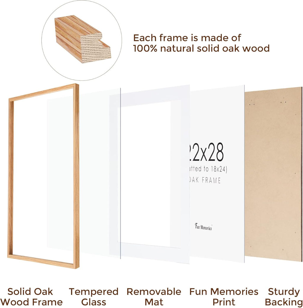 22x28 Picture Frame, 22 x 28 Poster Frame - Solid Oak Wood and Tempered Real Glass, 22"x28" Wood Frame, 22x28 Picture Frame Matted to 18x24, 22 by 28 Art Frame, Natural Oak Color