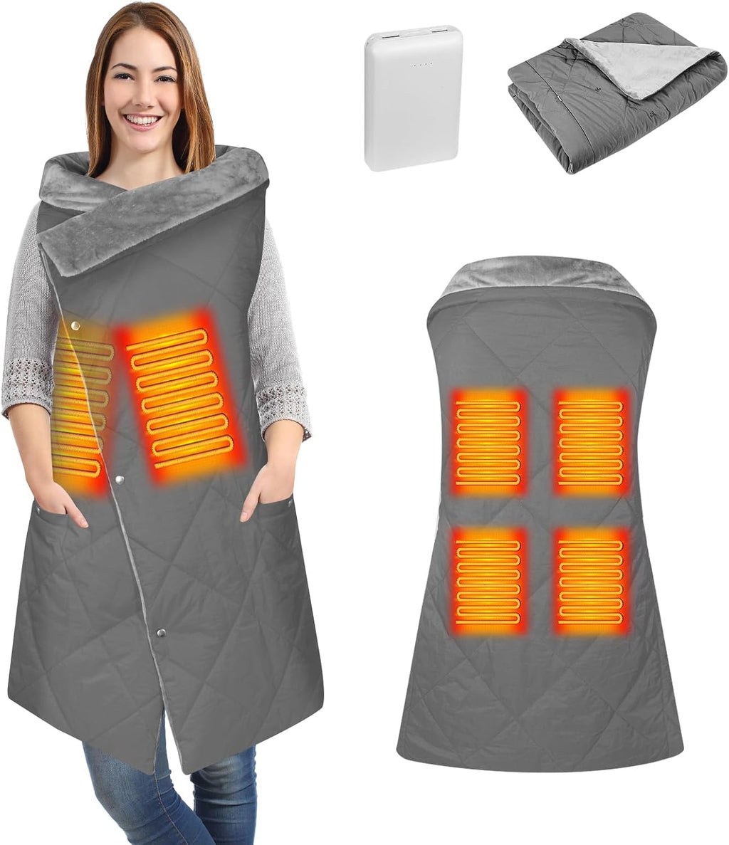 Battery Operated Heated Blanket, Fast Heating Wearable Wireless Heated Shawl Throw, Water-Resistant Cordless Electric Blanket with Power Bank for Camping, Outdoor, Stadium, Winter Warm Gift(Grey)
