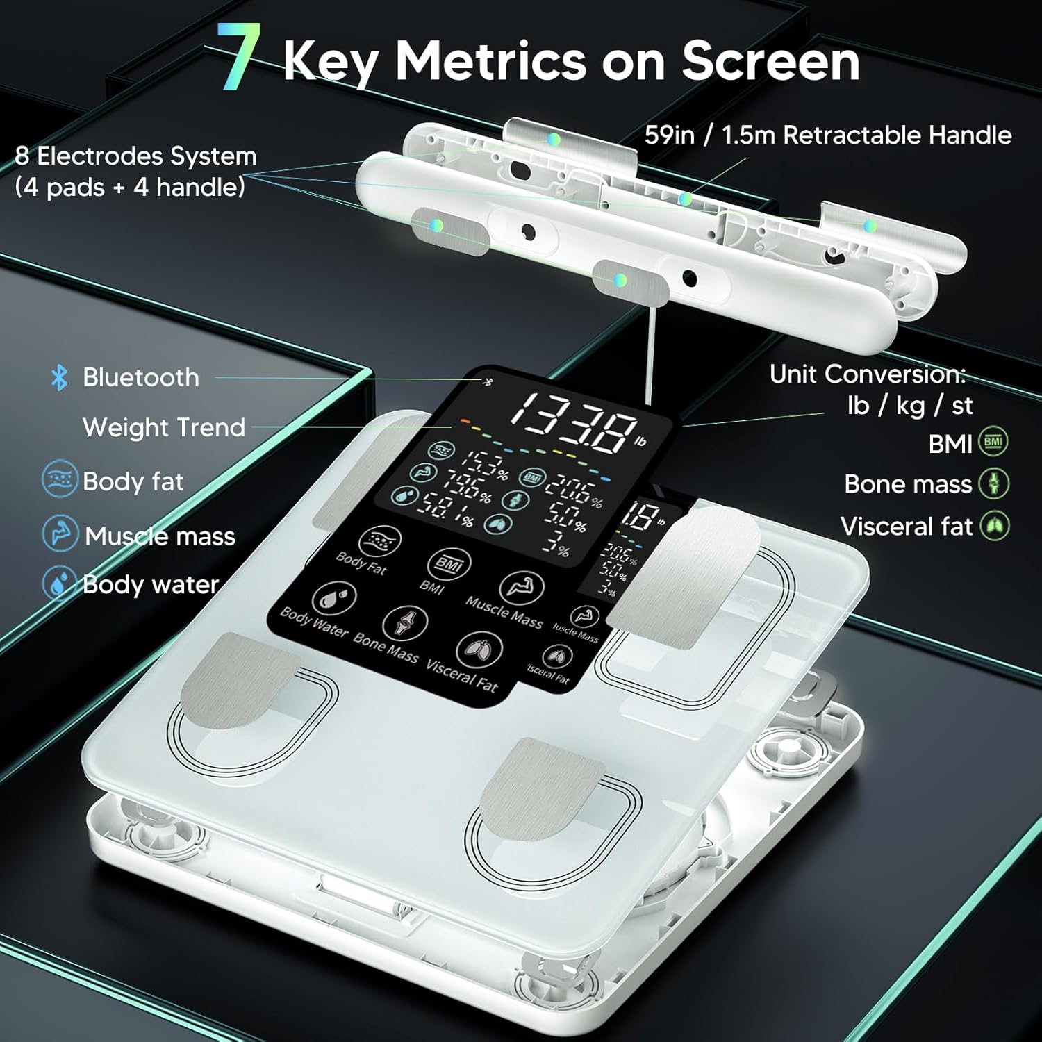 arboleaf Scale for Body Weight, Smart Scale with BMI, Body Fat, Muscle Mass, 26 Metrics Full Body Composition Analyzer, 8-Electrode High Precision Digital Bathroom Scale, Bluetooth Sync, White