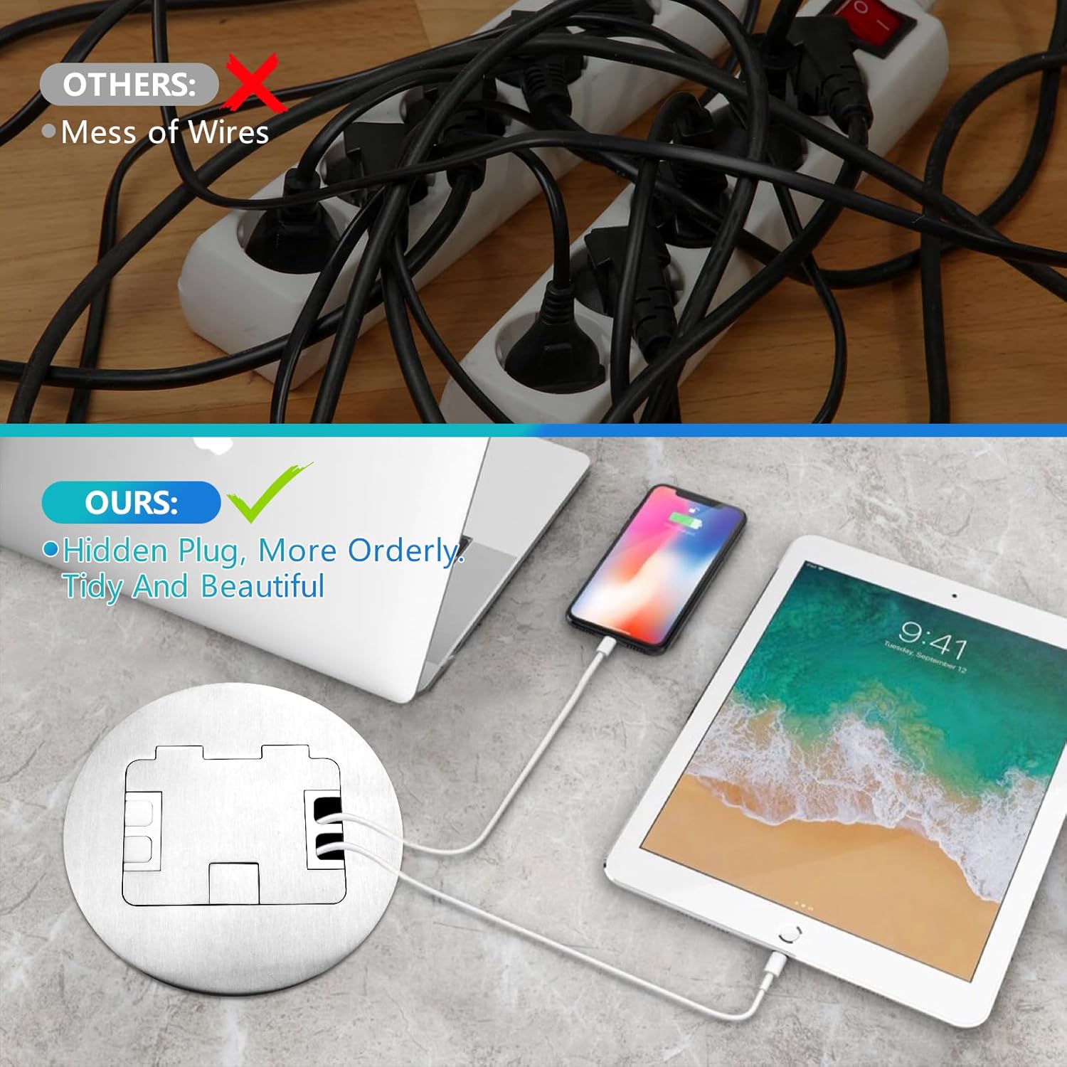 KYHSHJ Recessed Circular Floor Socket Kit with 2 * 20A Receptacle，4.8A 1 USB-A Ports &1 USB-C Port，Corrosive Resistant Hardware,Silver