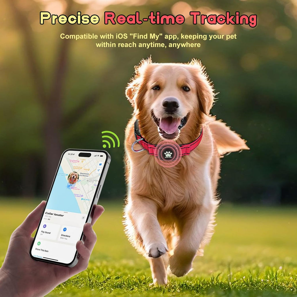 GPS Dog Collar Tracker 2-in-1,Reflective Waterproof Pet Collar,iOS-Only,No Monthly Fees,Unlimited Range,Ideal for Dog Tracking pet Tracker,for Small Medium Large Dogs(M (15"-20.5"), Red)