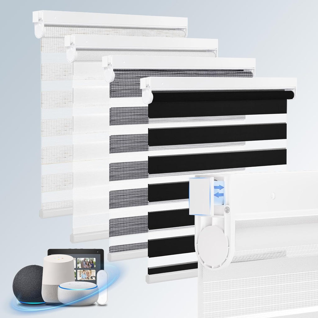 Grandekor Motorized Zebra Blinds with Remote Control,No Drill No Tools Cordless Dual Layer Zebra Blinds for Windows,Electric Zebra Shades Custom Size