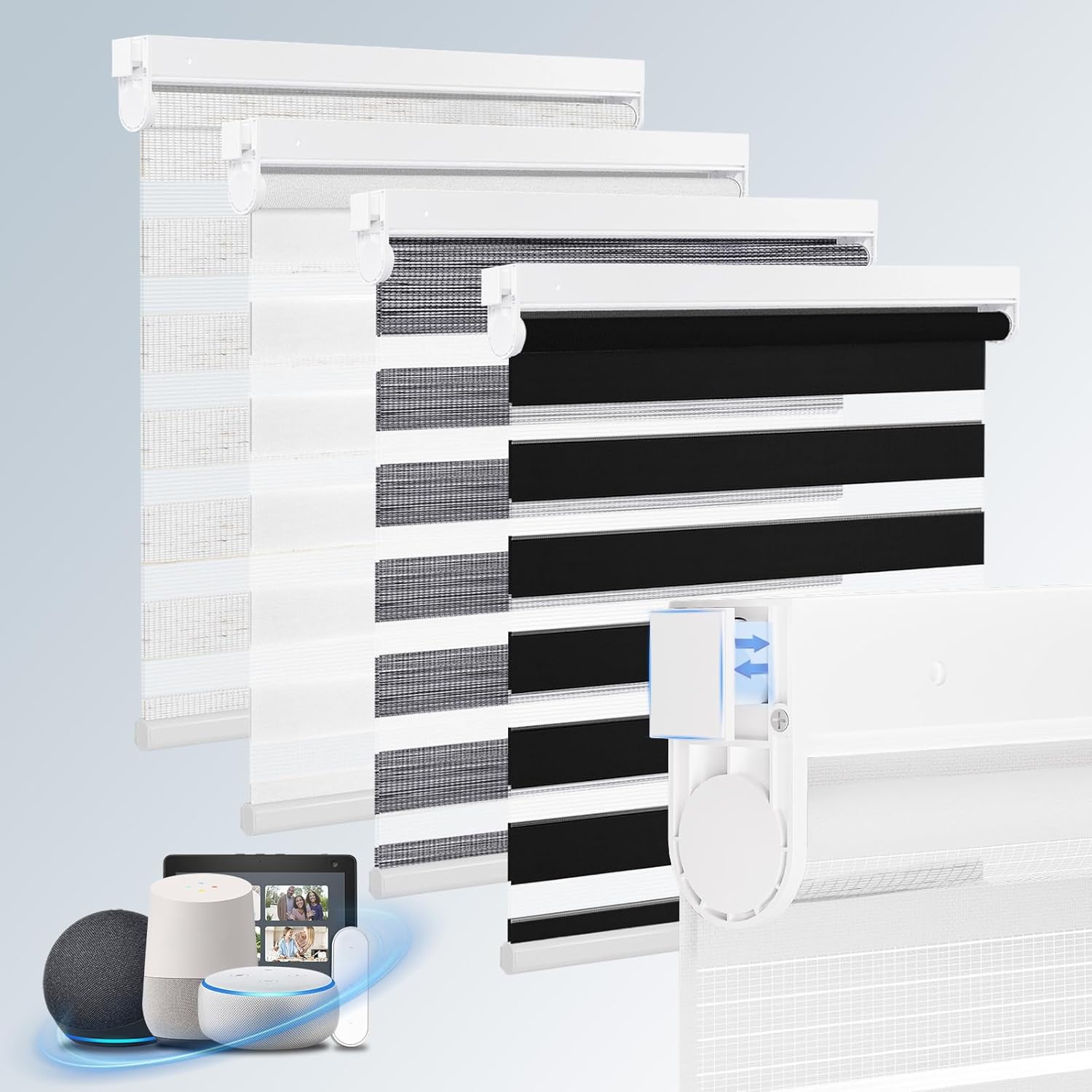 Grandekor Motorized Zebra Blinds with Remote Control,No Drill No Tools Cordless Dual Layer Zebra Blinds for Windows,Electric Zebra Shades Custom Size