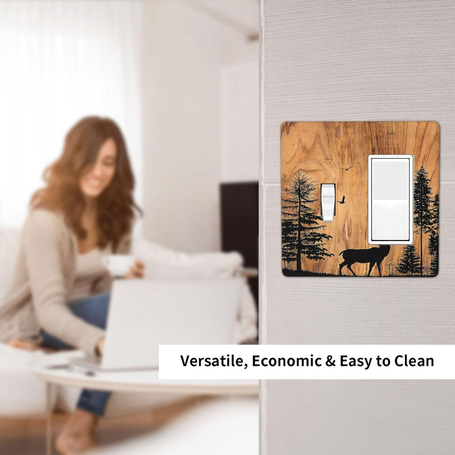 Outlet Covers Rustic Farmhouse Orange Brown Pine Tree Deer Wood Grain 1 Toggle 1 Rocker Combination Decorative Wall Plate Electrical Switch Plates Light Switch Cover Plate for Bedroom