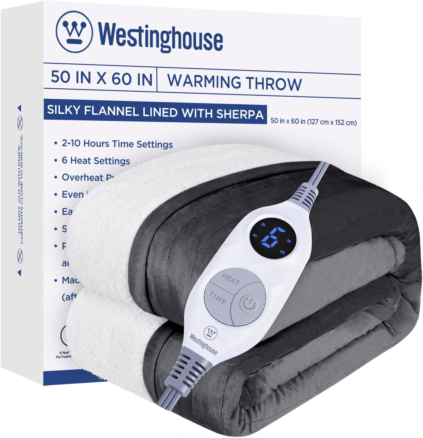 Westinghouse Heated Throw Blanket, Electric Blanket Throw with 6 Heating Levels and 2-10 Hours Time Settings, Flannel to Sherpa Super Cozy Heated Blanket Machine Washable, 50x60 inch, Charcoal