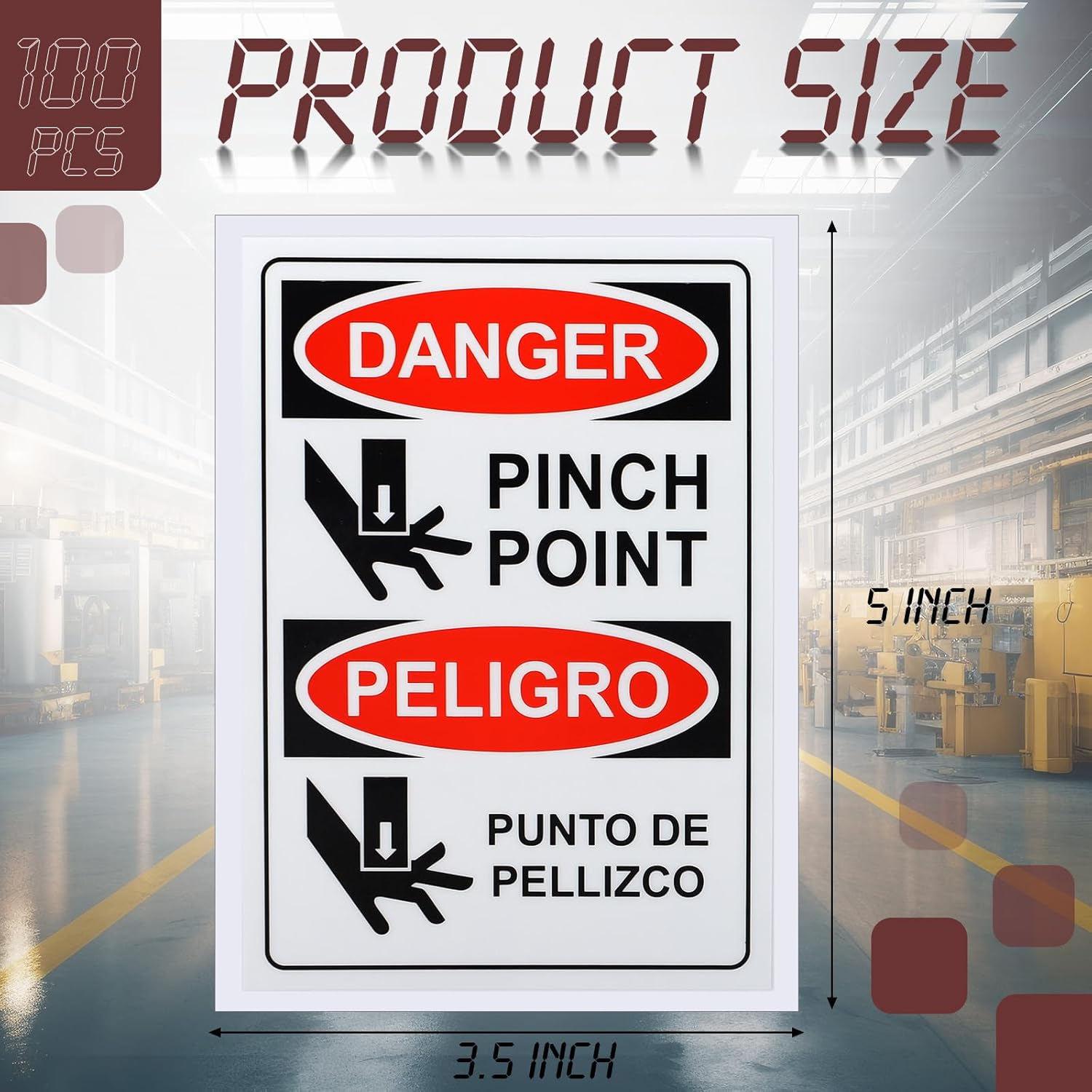 100 PCS Danger Pinch Point English + Spanish OSHA Label Decal - 5 x 3.5 Inch Bilingual Safety Warning Label Decal Vinyl for Machinery Equipment Industrial Warehouse