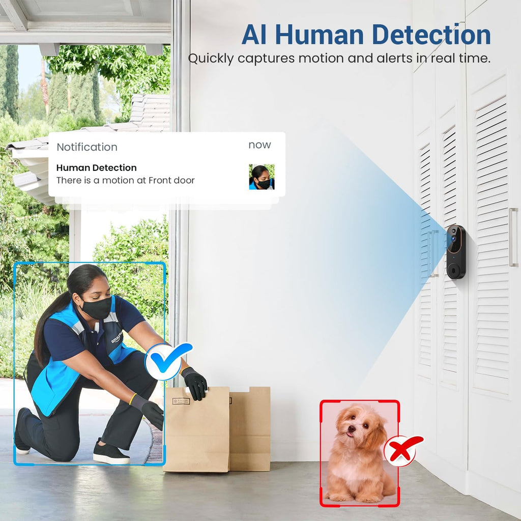 1080P Wireless Video Doorbell Camera, AI Human Detection, Cloud Storage, Two-Way Audio, 2.4GHz Wi-Fi Support, Real-Time Alerts, Easy Installation, Night Vision (Brown)