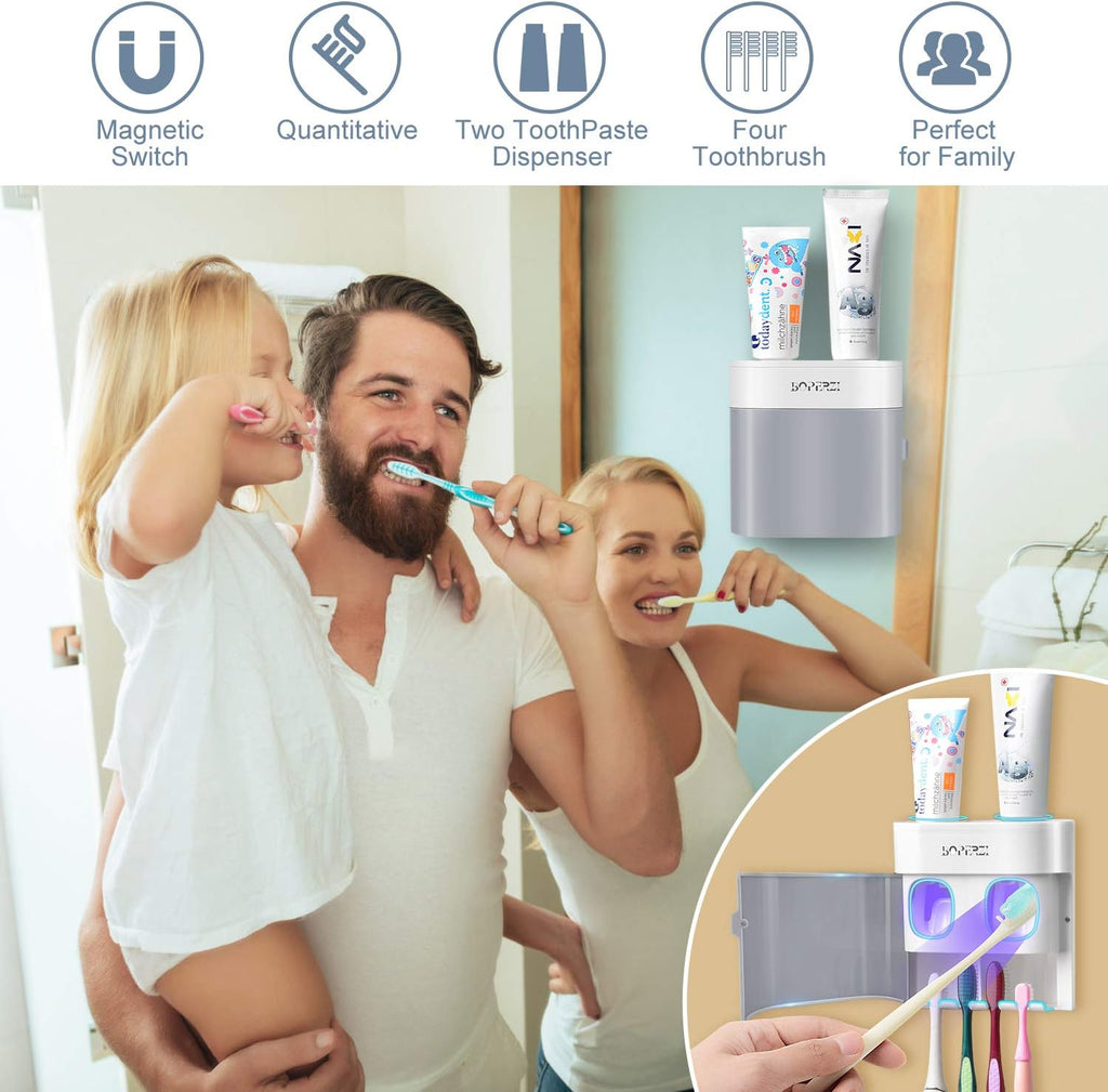 Boperzi Toothbrush Holder Wall Mounted Toothpaste Dispenser Gray Dustproof Cover for Shower Bathroom Set with 2 Toothpaste Squeezers (Not Electric)