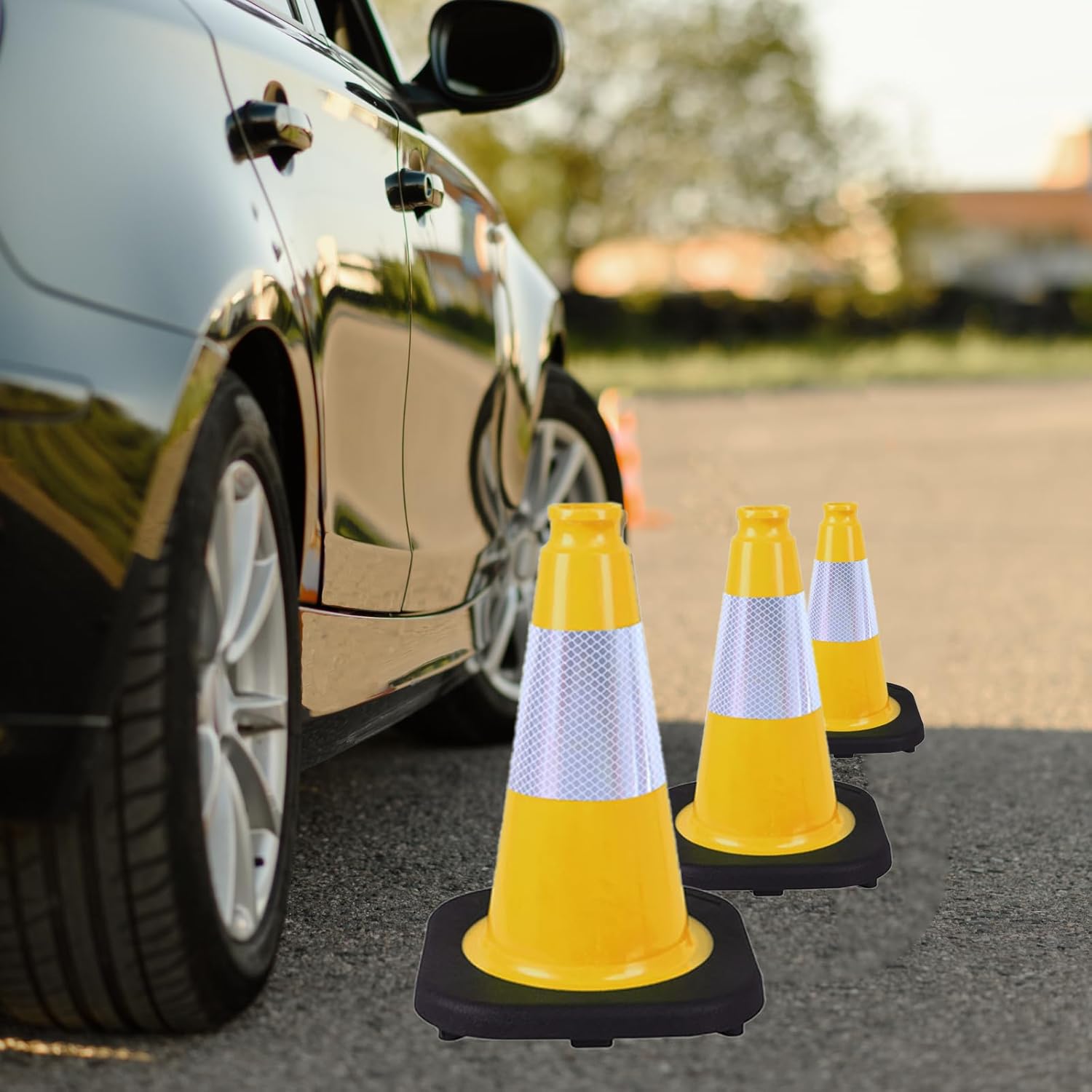 4 Pack 12 Inch Yellow PVC Traffic Cones with Black Base, Durable Sports Training Markers for Gym, Indoor & Outdoor Activities (4, Yellow, 12 Inch)