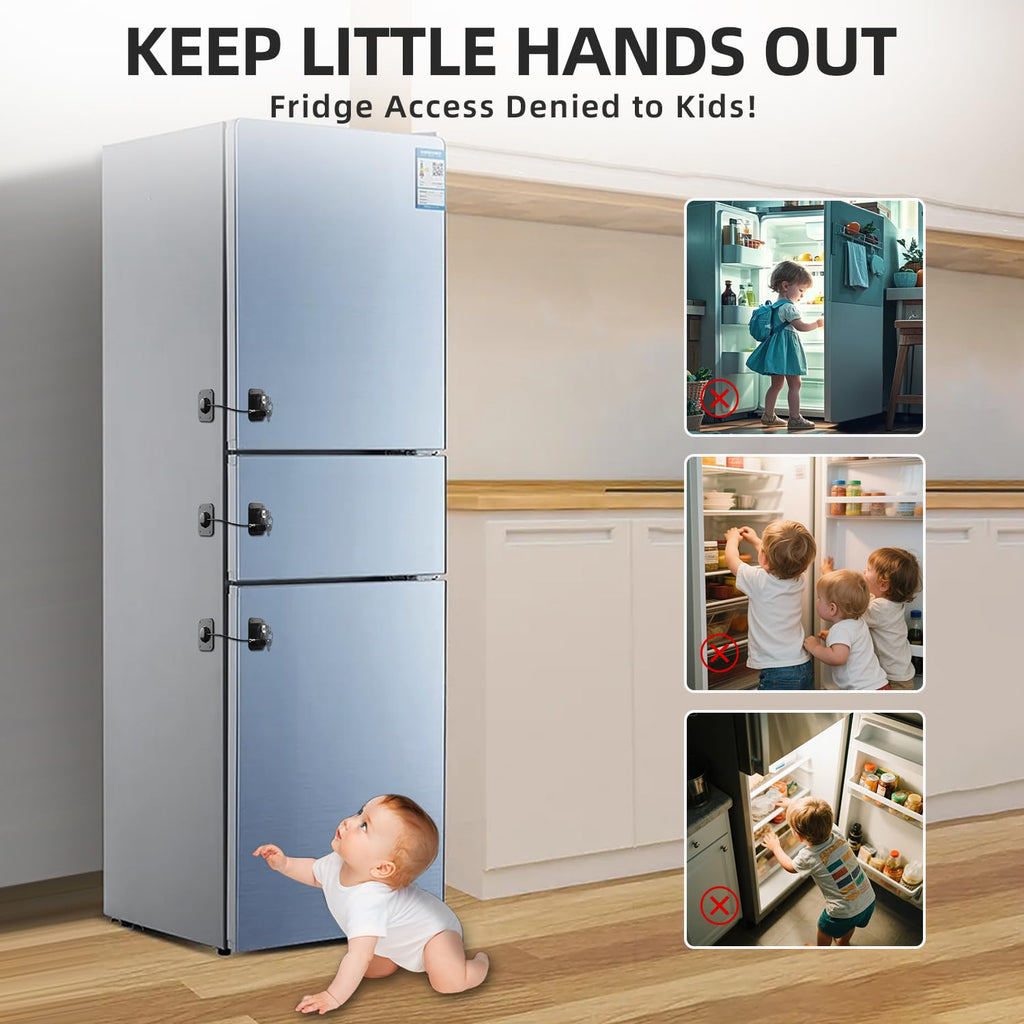 Refrigerator Lock 2 Packs, Fridge Lock with Silicone Wire Protection Fridge Locks for Kids Easy to Use and Install Cabinet Locks with Key, Black