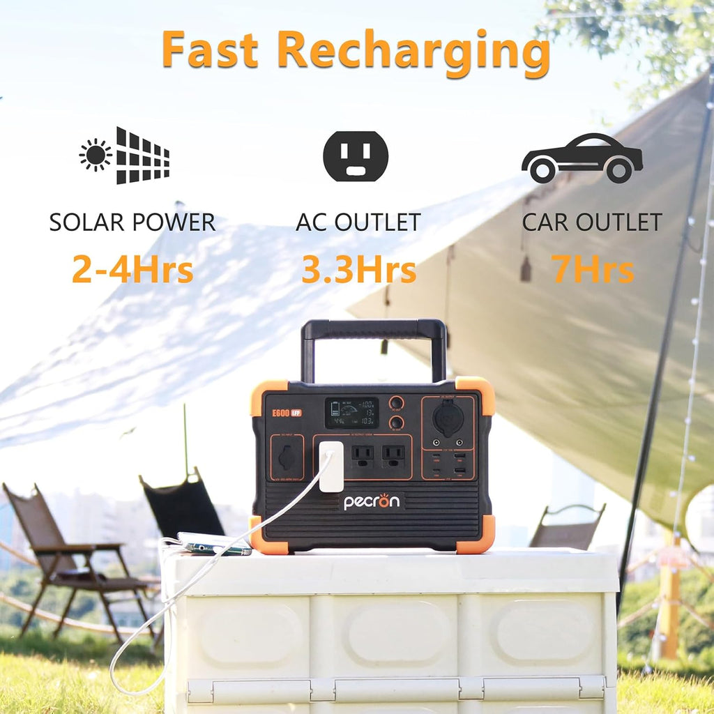 Pecron E600LFP Portable Solar Generator with 2x200W Solar Panel, 614Wh LiFePO4 Battery Backup, Power Station for Camping, Emergency, RV, Off-Grid Living
