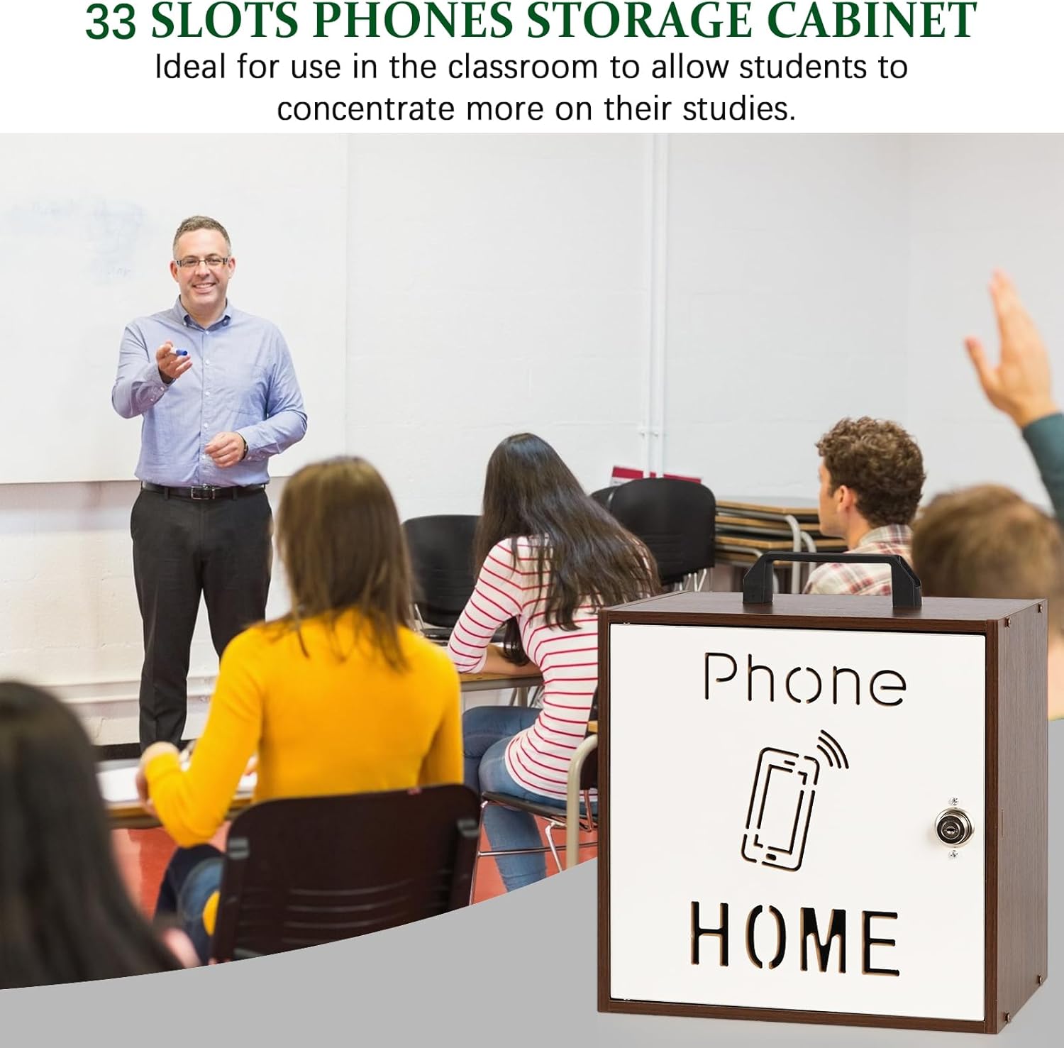Echaprey Cell Phone Holder Classroom Adjustable 33 Slots Pocket Chart Wooden Cell Phone Storage Cabinet with Handle and Lock Desktop Cell Phone Holder for Classroom Office (Black Walnut)