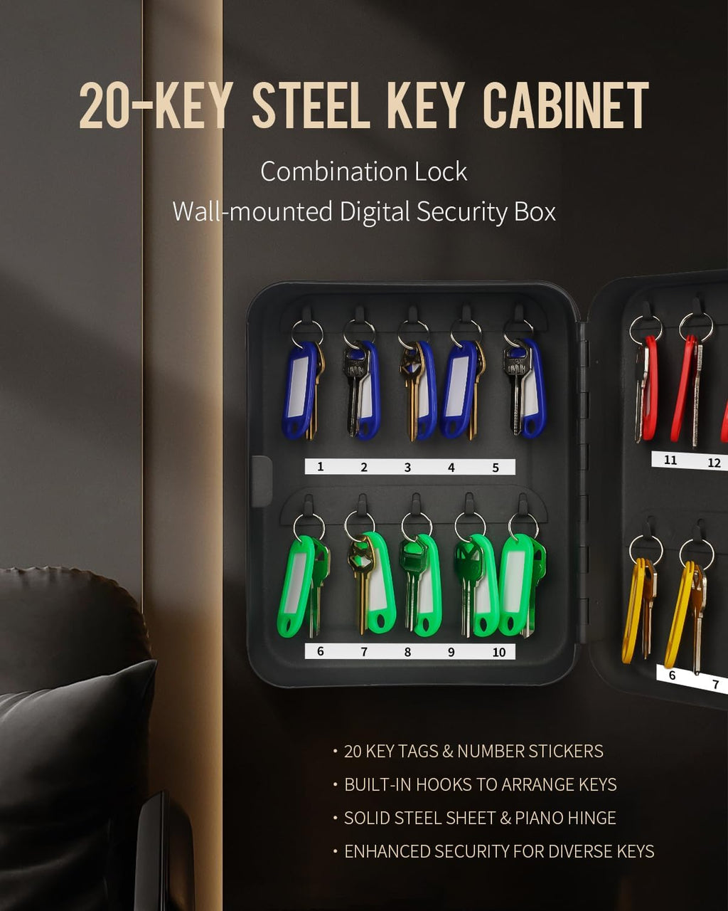 Uniclife 20 Position Key Cabinet with Combination Lock Resettable Black Digital Security Storage Box Steel Key Organizer with Colorful Key Tag Labels Stickers and Hooks