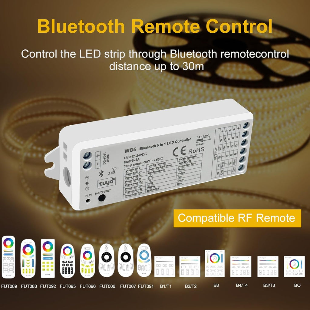 5in1 WB5 LED Controller Bluetooth Control 2.4GHz Dimmable CCT RGB RGBW RGBCCT COB LED Strips - Compatible with Tuya App Echo Alexa Google Home Voice Control