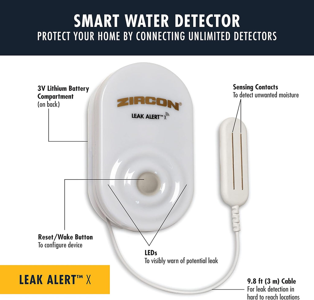 Zircon Leak Alert X – Smart Electronic Water Detector with 9.8 ft Cable – Email, Audio, & Visual Alerts, Battery Included,White