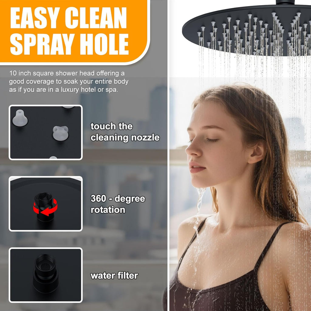 3 Functions Shower System，Modern Three-Setting 10-Inch Round Rain Shower Head and Faucet Set，Shower Faucet Set Complete Rough-in Valve and Trim Kit Included（Matte Black）