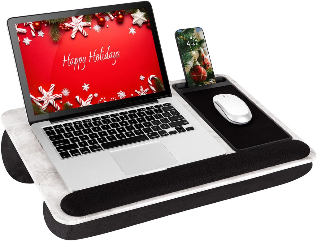 LAPGEAR Home Office Pro Lap Desk with Wrist Rest, Mouse Pad, and Phone Holder - White Marble - Fits up to 15.6 Inch Laptops - Style No. 91591