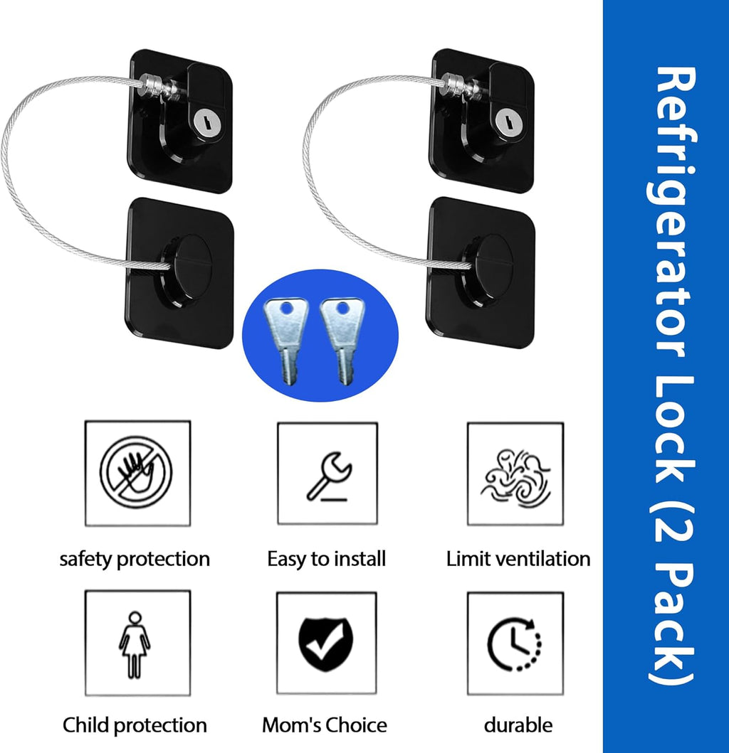 Refrigerator Lock (2 Pack), Fridge Locks with 2 Keys, Child Safety Lock, Baby Proof Cabinet and Drawer Locks, Freezer Latch for Double Door, French Door (Upgraded Black)