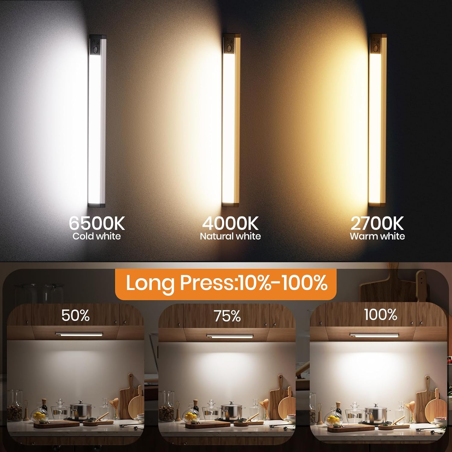 Under Cabinet Lighting 13.5Inch, 3200mAh Under Cabinet Lights Motion Sensor 3 Color, Rechargeable 118LED Magnetic Light Bar Indoor,Wireless Battery Operated Closet Lights for Kitchen Home Stairs,2Pack
