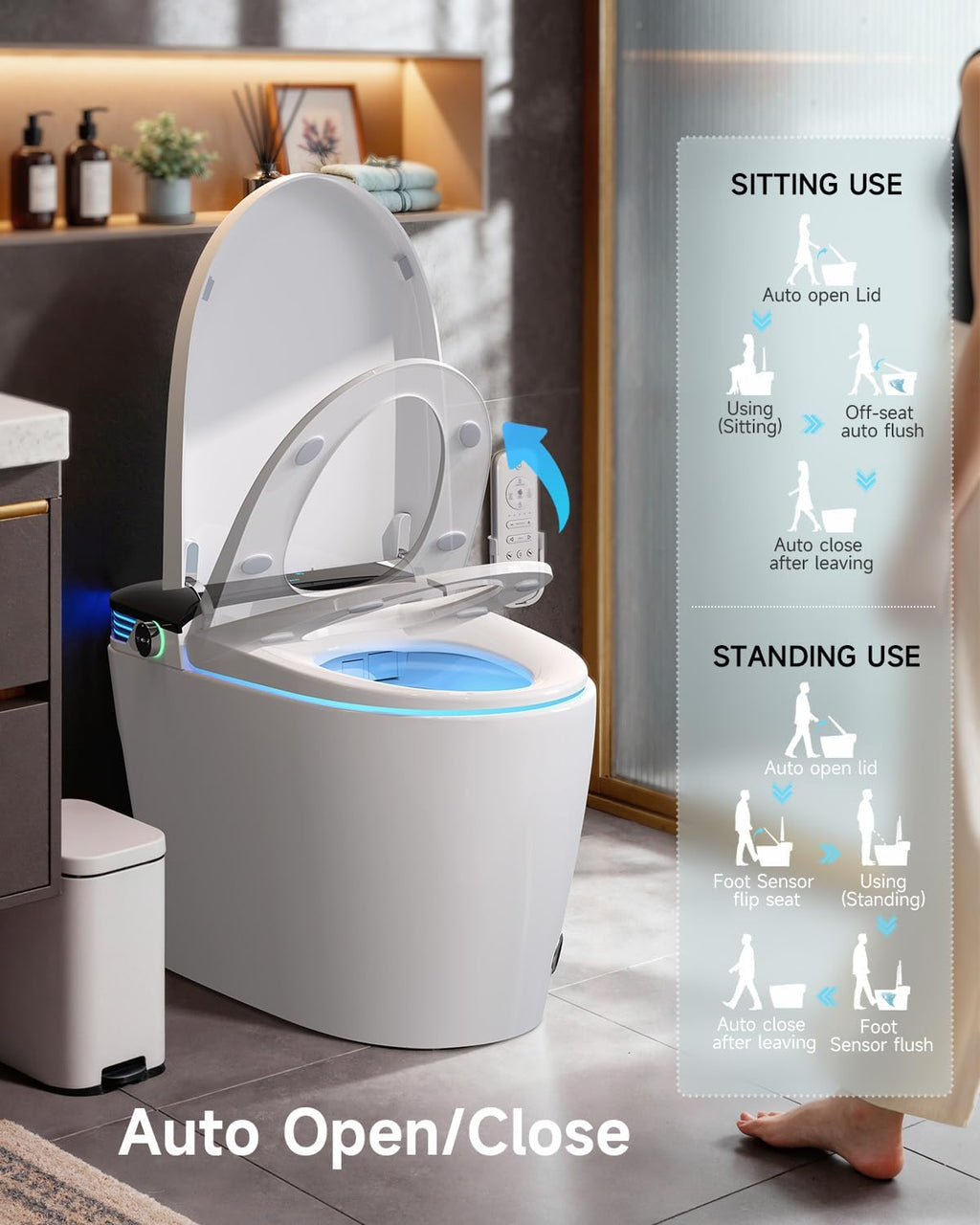 WANSID Luxury Smart Toilet with Bidet Built-In,1.28 GPF Elongated One Piece Toilet for Bathroom, Auto Open/Close, Foot Sensor Operation, Heated Bidet Seat, Warm Water & Dryer, Digital Display