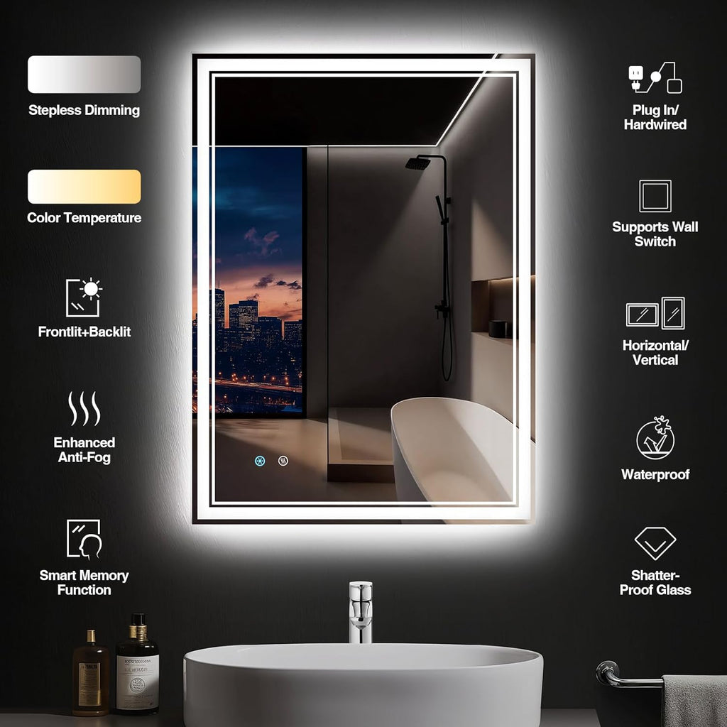 28"x 36" LED Bathroom Mirror with Anti-Fog, Dimmable Backlit + Front Lit, LED Bathroom Vanity Mirror for Wall, Memory Function, Shatter-Proof Glass, ETL Listed(NHYJ7922D)