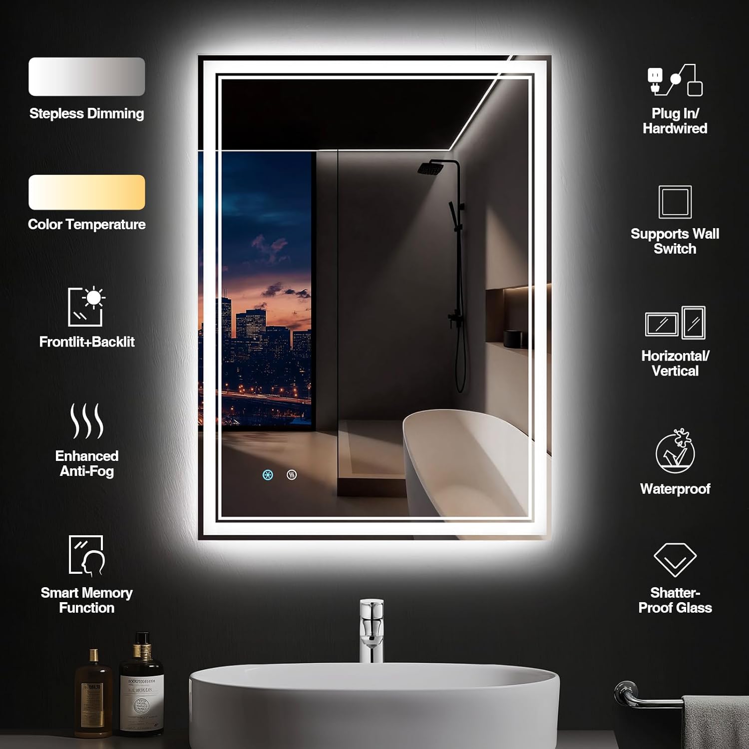 28"x 36" LED Bathroom Mirror with Anti-Fog, Dimmable Backlit + Front Lit, LED Bathroom Vanity Mirror for Wall, Memory Function, Shatter-Proof Glass, ETL Listed(NHYJ7922D)