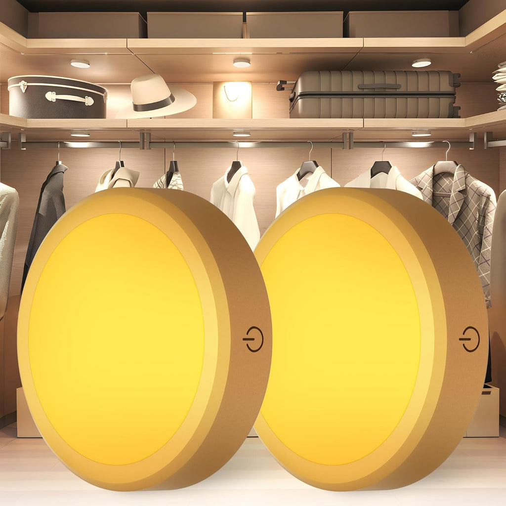 Rechargeable Puck Lights with Remote Control,LED Under Cabinet with Full-Screen,3 Color Temperatures Stick On Lights Wireless, Tap Light for Kitchen,Cabinet,Counter,Closet,Shelf,2 Pack, Gold
