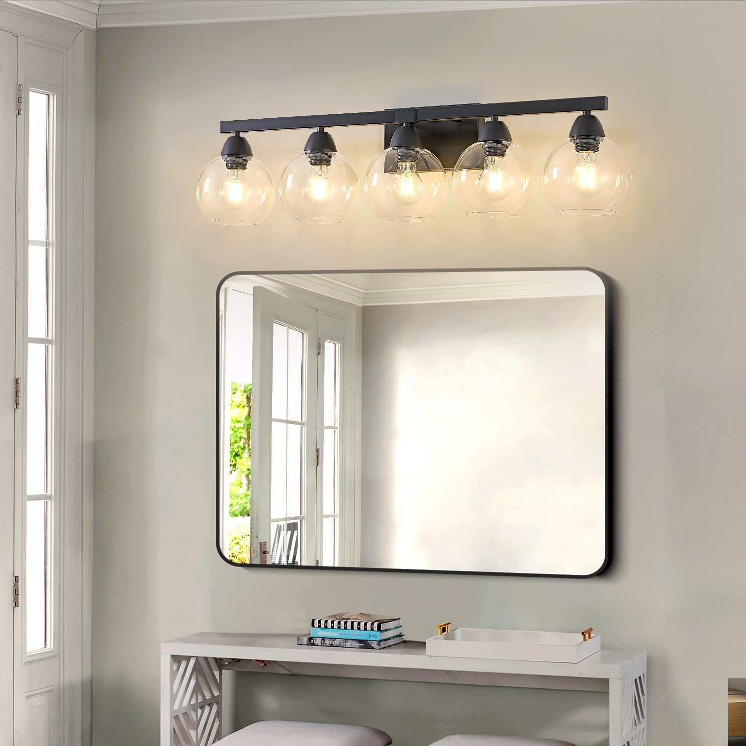 5-Light Bathroom Light Fixtures, Black Vanity Light with Premium Hand-Blown Glass Shades, Ultra-Clear & Impact-Resistant, Wall Lamp for Mirror, Living Room, Kitchen