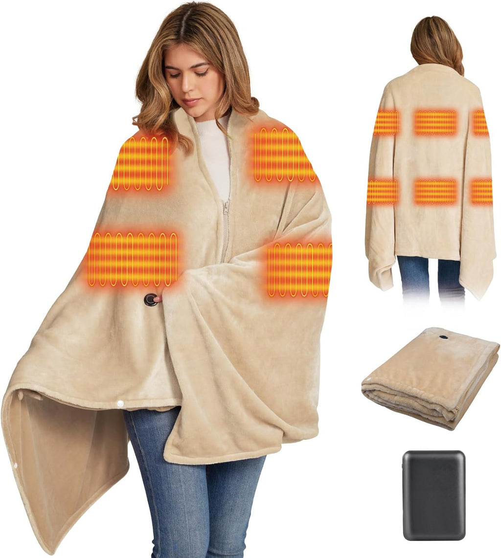 Cordless Heated Blanket Battery Operated with Fleece Lining 7.4V 16000mAh Battery Portable Wearable Heated Shawl for Women Men 6 Heating Zones 3 Fast-Heating Levels (Battery Included)