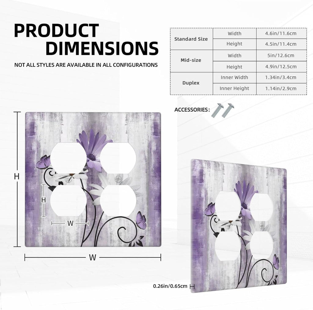Decorative Outlet Covers Rustic Purple Daisy Grey Flowers 2 Gang Wall Plate Cover Double Duplex Receptacle Two Switch Light Switch Cover Plate Jumbo Dual Faceplate for Home Decor